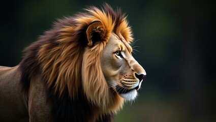 Fototapeta premium A lion with a thick, vibrant mane, in profile, against a dark background.