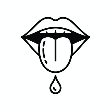 Black and white illustration of a mouth with tongue out and dropping saliva