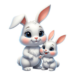 Cute cartoon white bunnies family isolated on transparent background