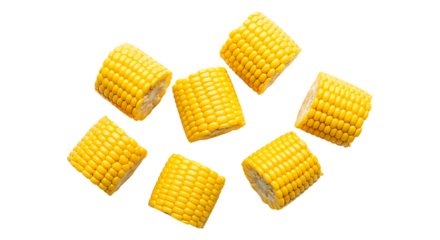 Seven pieces of fresh corn on the cob arranged in a circle isolated on transparent background