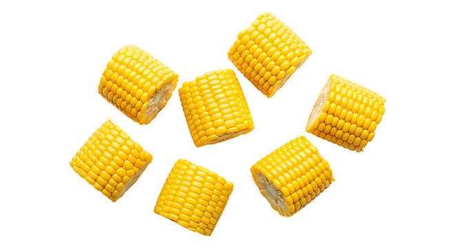 Seven pieces of fresh corn on the cob arranged in a circle isolated on transparent background