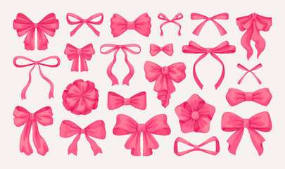 Gift bow. Hand drawn pink ribbon. Cute vintage tied knot for holiday present card. Hair band. Satin bowknot. Birthday accessory. Decorative bowtie. Vector design girl silk elements set