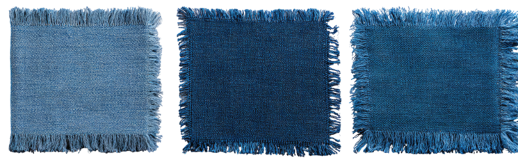 Three shades of indigo denim, displayed as swatches with a frayed edge