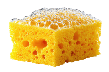 A close-up of a yellow cleaning sponge, sectioned, with abundant soap bubbles