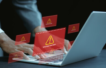 System hacked alert after cyber attack on computer network. compromised information concept. Virus,...