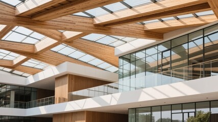 Modern Architectural Interior with Wooden Beams and Glass Walls