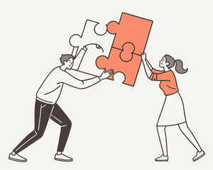A simple, line-art illustration of two people working together to connect puzzle pieces.