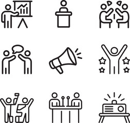 Fototapeta premium Public Speaking and Business Communication Vector Icons, Presentation, Event, Teamwork, Megaphone, Podium, and Winner Graphics