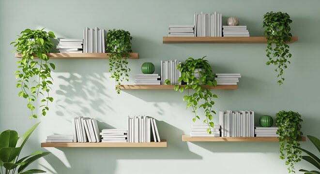 Cozy home decor featuring lush green plants and books on floating shelves