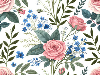 Delicate pink roses and blue flowers on black floral pattern image