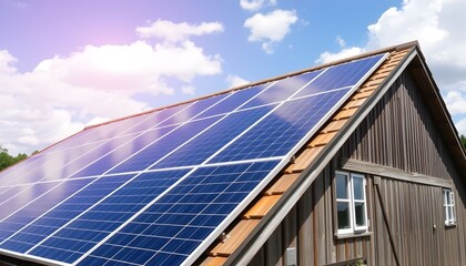 Fototapeta premium Solar panels installed on the roof of a brown building under a partly cloudy sky.