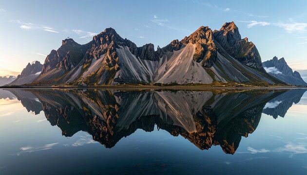 Surreal mirrored mountains rising upside down above calm waters, forming a seamless illusion of infinite symmetry.