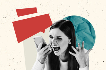 Sketch image artwork composite photo collage of young woman scream shout hand hold smartphone call...