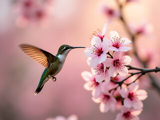 Fototapeta premium Tiny hummingbird with iridescent green feathers drinks nectar from delicate pink cherry blossoms in soft sunlight