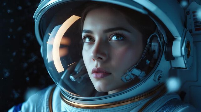 Female astronaut in space suit gazing thoughtfully through helmet visor with stars in background during outer space exploration mission