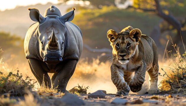 A majestic white rhinoceros and a swift young lion cub are captured in a wildlife encounter, showcasing the beauty and power of the African savanna at sunrise.