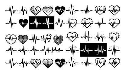 Diverse black heartbeats and hearts vector illustration display an array of heartbeat and heart symbols against a clean white backdrop in a simple, graphic design style