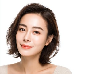 Obraz premium Close-up portrait of a woman with flawless, healthy-looking skin and a pleasant expression.