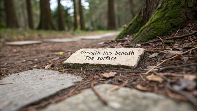 Inspirational quote stone in serene forest pathway depicting strength and nature