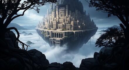 Majestic Floating Ancient City Surrounded by Mist and Cloudscape