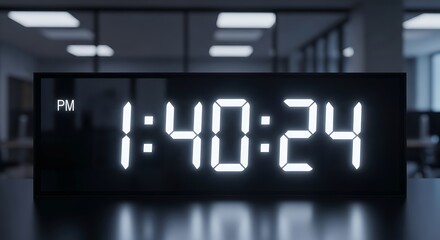Digital clock display time pm one forty twenty four seconds office background time management concept