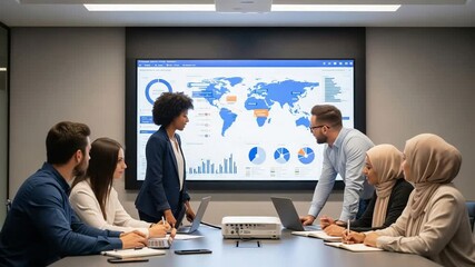 Business Team Meeting Presentation with World Map and Charts in Modern Office - Powered by Adobe