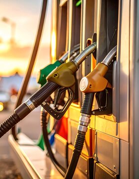 Close-up view of gas pumps at a gas station at sunset, showcasing various colored fuel nozzles and hoses.
