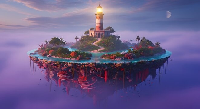 Majestic lighthouse on a tropical island floating above misty ocean at sunset