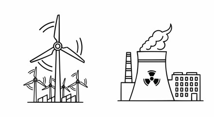 Wind and Nuclear Power Plant Line Art Icons