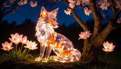 Glowing Crystal Fox Sculpture Among Illuminated Flowers at Night