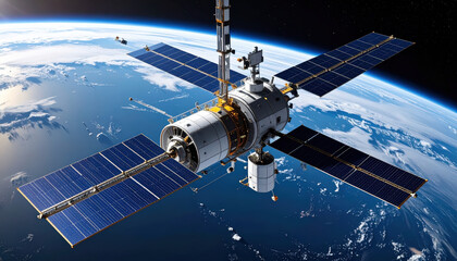 Obraz premium Satellite with solar panel orbiting Earth in space with clear atmosphere and cloud cover