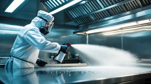Worker in protective suit disinfecting stainless steel kitchen surface with spray in industrial environment ensuring hygiene and safety