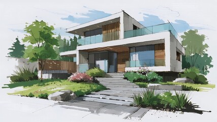 Fototapeta premium Modern Two-Story House with Glass Balcony and Lush Garden