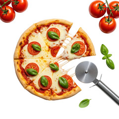 Delicious hot pepperoni pizza with fresh basil and juicy tomatoes being sliced