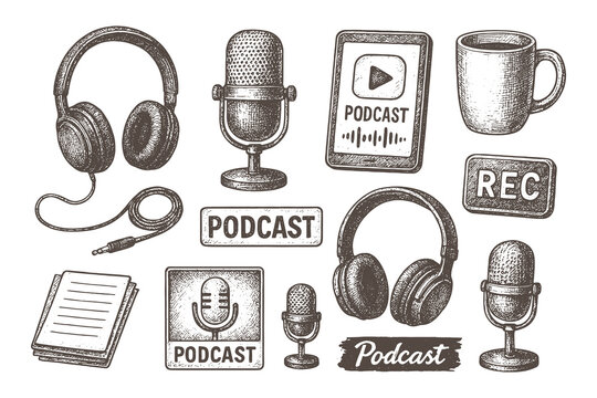 Vintage podcast illustration set including microphones, headphones, and recording tools, retro hand drawn media and audio design. - Powered by Adobe