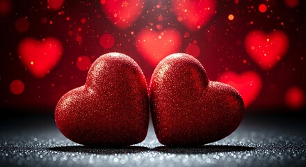 Two sparkling red glitter hearts nestled together against a dark, moody background with a dreamy bokeh effect, representing deep love and passionate connection