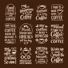 Vintage coffee quotes typography collection with decorative lettering, perfect for café posters, mugs, and retro designs.