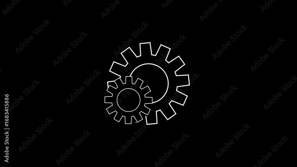 Poster two interlocking white gears on a black background representing teamwork and mechanics