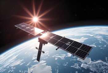 Satellite with solar panels orbiting Earth, illuminated by the sun in space.