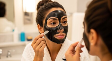Woman applying black charcoal peel-off mask to face while looking in mirror for skincare routine and self-care spa day at home