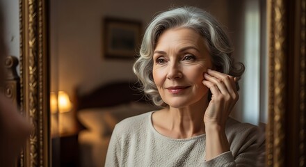Mature woman with gray hair examining her face in the mirror, showing concerns about skin aging and self-reflection