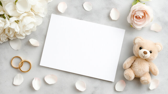 Blank wedding card with wedding rings, flowers and teddy bear. Concept of romance, love and festive celebration with space for text. - Powered by Adobe