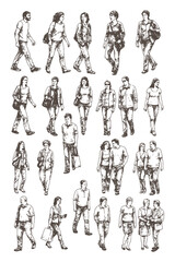 Hand drawn sketch of people walking in casual poses, vintage ink illustration ideal for lifestyle, urban, and city themes.