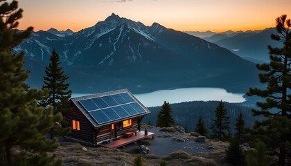 Fototapeta premium Mountaintop cabin with solar panels at sunset over a lake.