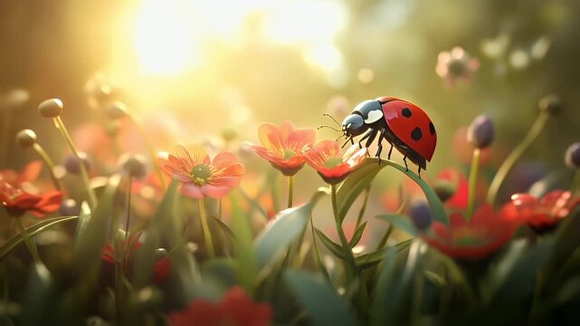A vivid, sunlit scene featuring a ladybug on a flower. The ladybug is depicted in a side profile, with its body and antennae clearly visible. The flower is a bright pink with yellow stamens.