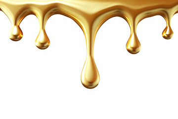 Golden liquid dripping in teardrop shapes isolated on a transparent background drops