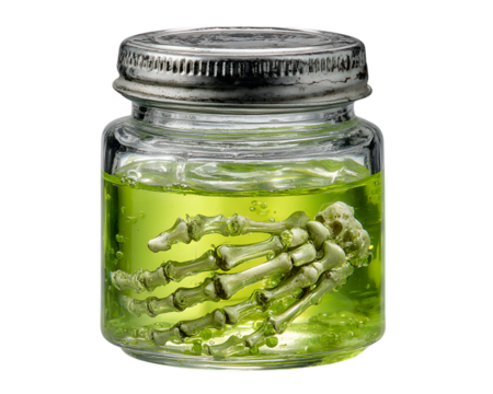 Halloween spooky prop: Human hand bone skeleton preserved in glass jar, isolated on a transparent background. - Powered by Adobe