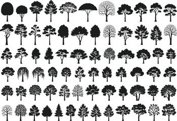 Collection of tree silhouette vector illustrations in various shapes, ideal for landscape design, nature scenes, and environmental art projects.