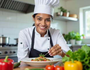 Smiling female chef garnishing a dish in a professional kitchen. Surrounded by fresh vegetables. Detailed high quality image.