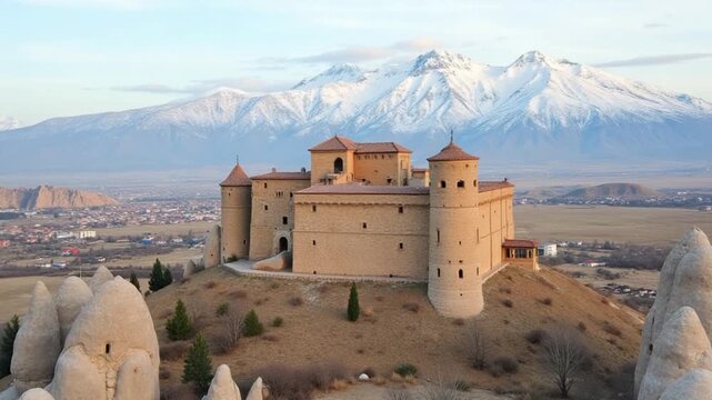 Aerial drone view of the Ortahisar Castle in Cappadocia, Turkey with the snow capped Mount Erciyes in the background.